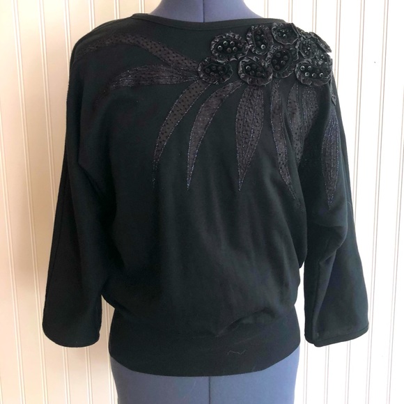 Vintage 80s Black Sweatshirt Batwing Beaded Sequins Flower Appliqué Decorative - Picture 2 of 14